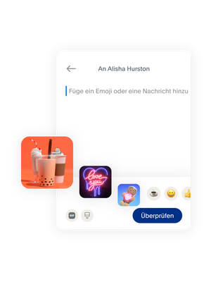 Eine Kachel, die zeigt, wie es aussieht, wenn man Geld in der PayPal-App sendet, mit Optionen zum Hinzufügen eines Emojis, einer Nachricht oder eines Aufklebers