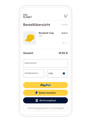 Ein Handy-Bildschirm mit einer Bestellübersicht beim Checkout, die PayPal-Zahlungsoptionen zeigt