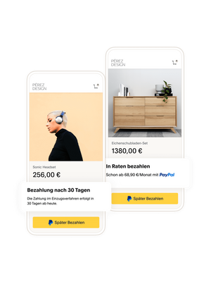 Eine Frau mit Kopfhörern und eine Kachel für "Bezahlung nach 30 Tagen", eine Kommode mit einer Kachel für PayPal-Ratenzahlungen.