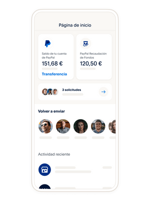 Un teléfono móvil que muestra la pantalla de inicio de una cartera digital, iconos que muestran diferentes formas de gestionar tu dinero en la aplicación de PayPal