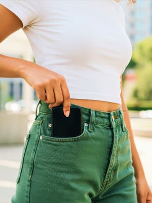 Une personne qui met un téléphone dans sa poche.