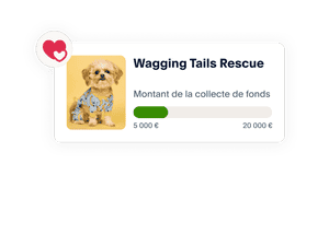 Une image d'un exemple de collecte de fonds, photo d'un chien montrant le montant collecté et la somme manquante pour atteindre l'objectif de la collecte de fonds.