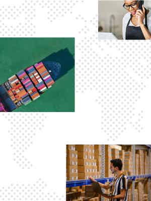 Images of various businesses and industries overlayed on an illustration of a world map