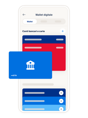 Carte di credito e di debito su un telefono cellulare che mostrano i diversi modi in cui è possibile caricare il wallet digitale.