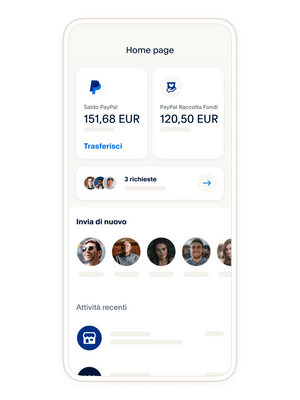 Un telefono cellulare che mostra la schermata iniziale di un wallet digitale, riquadri che mostrano i diversi modi in cui si può gestire il denaro sull'app PayPal