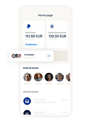 Un telefono cellulare che mostra l'aspetto della schermata iniziale del wallet digitale nell'app PayPal