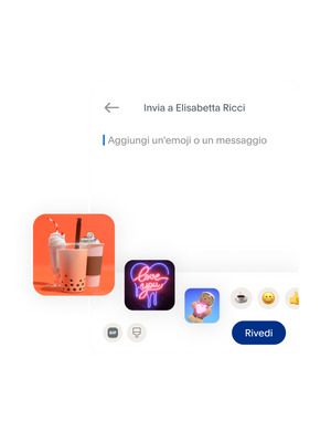 Riquadro che mostra quello che si visualizza sull'app PayPal quando si invia denaro, con le opzioni per aggiungere emoji, adesivi o messaggi divertenti.