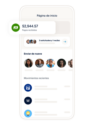 Un celular en el que se muestra la pantalla de inicio de una cartera digital; en los mosaicos, se muestran diferentes formas en las que puedes administrar tus fondos en la app de PayPal