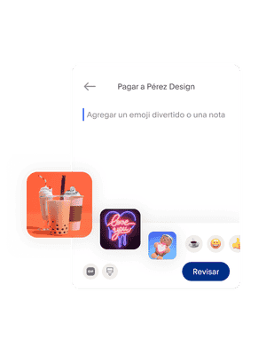 Mosaico que muestra cómo se envía un pago en la app de PayPal, con la opción de agregar emoticones, notas o stickers divertidos.