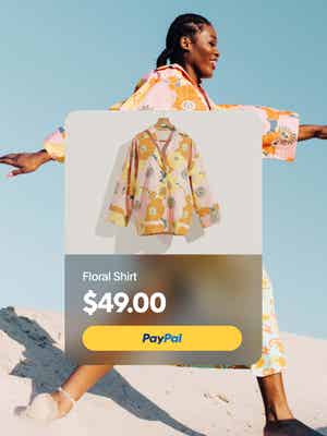 Person posing with flora shirt on with overlay of $49.00 and PayPal button