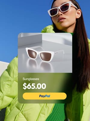Person outside wearing sunglasses and neon green jacket with overlay of sunglasses for $65 with PayPal button