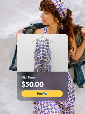 Person outside smiling and wearing a Midi dress and blue jean jacket with overlay of the dress for $50 with PayPal button