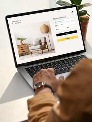 Person working on laptop computer with UI of PayPal checkout