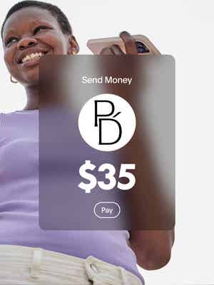 Person smiling and holding their phone with an overlay of send money for $35