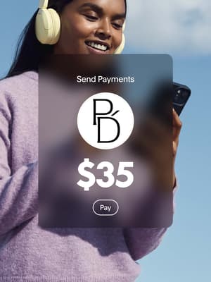 Person smiling and looking at phone with an overlay of send payments for $35
