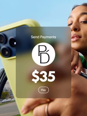 Person smiling and looking at phone with an overlay of send payments for $35