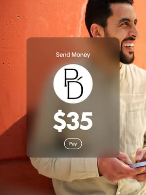Person smiling and holding phone next to an overlay of Send Money for $35