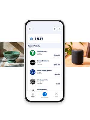 UI of phone with recent transaction activity and tiles of images that include a hutch, a ceramic bowl, a speaker, and headphones