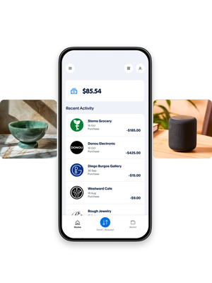 Interface utilisateur du téléphone avec l’activité de transaction récente et des vignettes d’images qui incluent une huche, un bol en céramique, un haut-parleur et des écouteurs