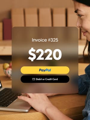 Person working on ceramic pottery with overlay of invoice #325 for $220 with PayPal button and Debit or Credit Card button