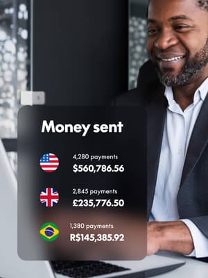 Person working on laptop computer and holding phone with overlay of Money sent in different currencies