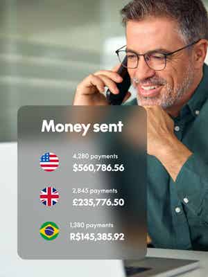 Person working on laptop computer and holding phone with overlay of Money sent in different currencies