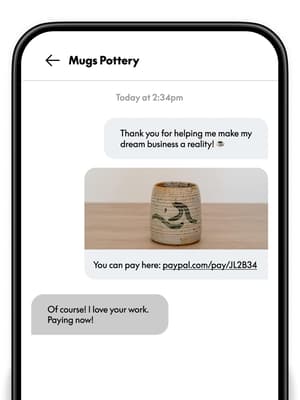 UI of chat box dialogue with PayPal payment link sent for mug pottery