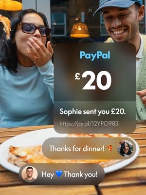 Two people eating pizza and looking at phone with an overlay of a text conversation and a PayPal link sent.