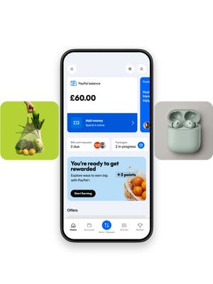 PayPal app UI of PayPal balance with carousel of lifestyle images