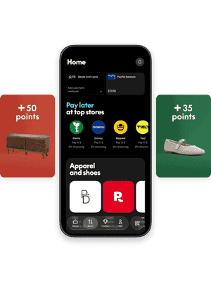 PayPal app UI of PayPal balance with carousel of lifestyle images