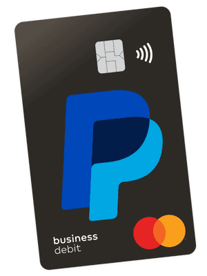Carte de débit professionnelle PayPal noire mate avec logo PayPal bleu, puce argentée et logo Mastercard rouge et orange