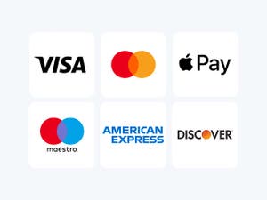 Visa, MasterCard, Apple Pay, Maestro, American Express, and Discover logos on individual white squares