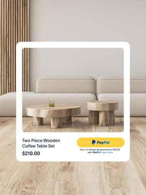 A wooden coffee table with a tile in the front illustrating how PayPal works at checkout.
