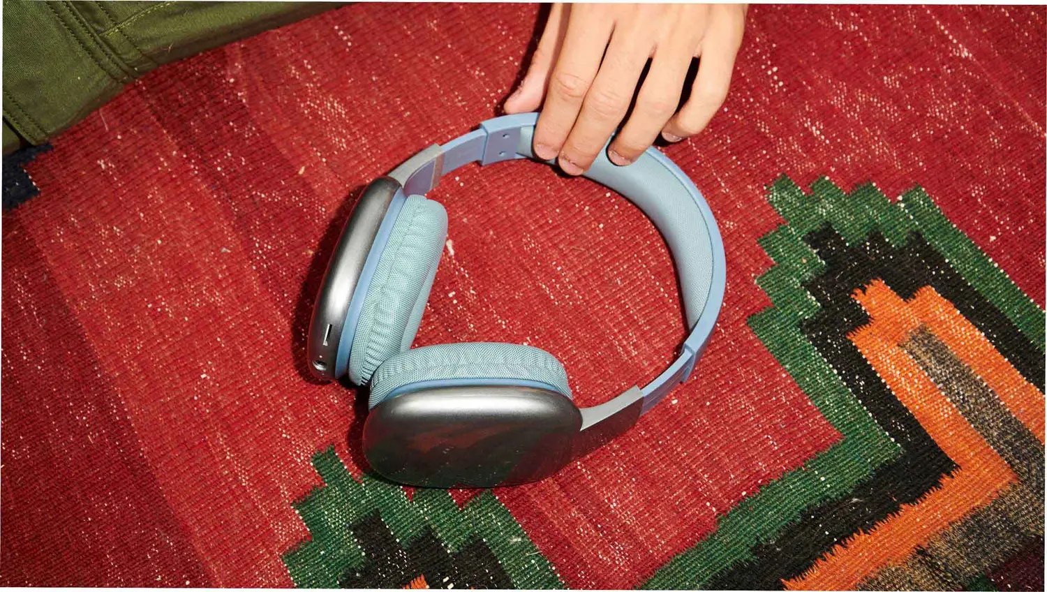 Headphones on a rug.