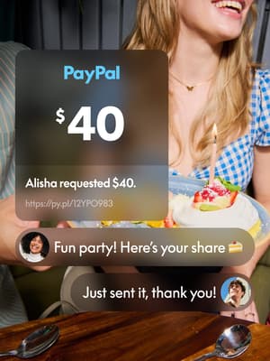 People celebrating a birthday at a restaurant with overlay displaying $40 PayPal payment link for the party.