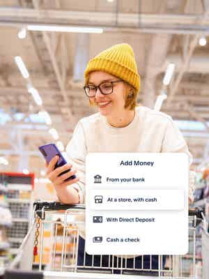 A smiling person with a shopping cart holding their phone; a tile of the app with Add Money at a store with cash selected