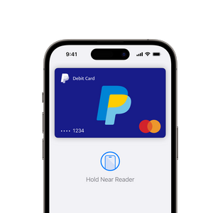 Mobile phone screen showing the blue PayPal debit card, a blue mobile phone in a circle, and text that reads Hold Near Reader