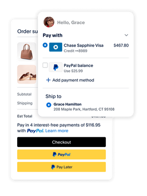 PayPal checkout options shown paying for a bag and shoes