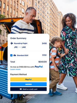 A happy family arriving at their travel destination; a tile of a flight and SUV booking with PayPal payment solutions.