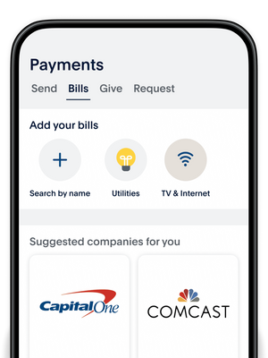 A mobile phone screen with tiles showing examples of bills and subscriptions you can pay on the PayPal app
