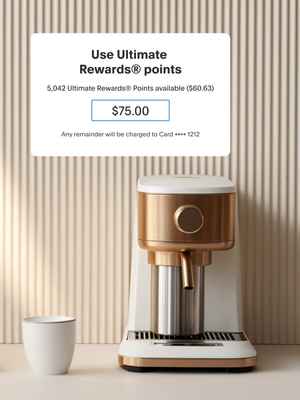 Modern coffee shop with espresso machine and coffee mugs; tile with the option to use reward points at checkout