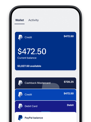 A mobile phone showing PayPal cards and credit options, including PayPal Cash, PayPal Cashback Mastercard, and PayPal Credit