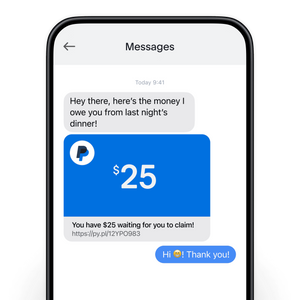 A mobile phone screen showing a text message exchange; a tile showing what your PayPal.Me link looks like when you share it