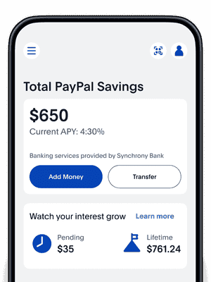 Mobile phone screen showing a total PayPal Savings page with options to Add and Transfer Money and watch your interest grow