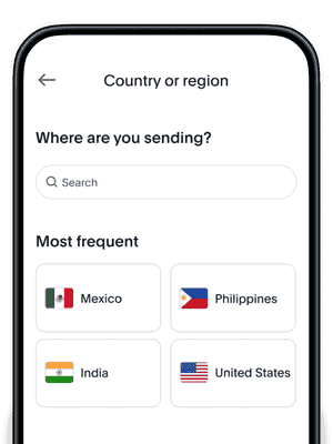 A mobile phone screen with tiles showing examples of different countries you can send money abroad on the PayPal app