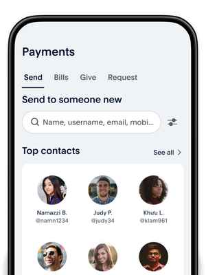 The Payments screen in the PayPal app with the Send tab selected. There’s a search field where you can use name, username, email or phone to find friends. Below is a list of your top contacts.