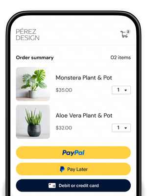 Mobile screen of Perez Design checkout displaying PayPal, Pay Later, and debit or credit card as payment options