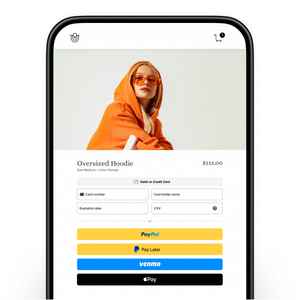 Desktop screen of an orange oversized hoodie at checkout and card, PayPal, Pay Later, Venmo, or Apple Pay payment options
