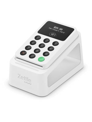Sleek, white PayPal Zettle card reader on a modern white charging stand