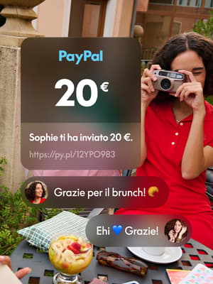 Due persone che fanno brunch con overlay di una conversazione di messaggi e un link PayPal inviato.
